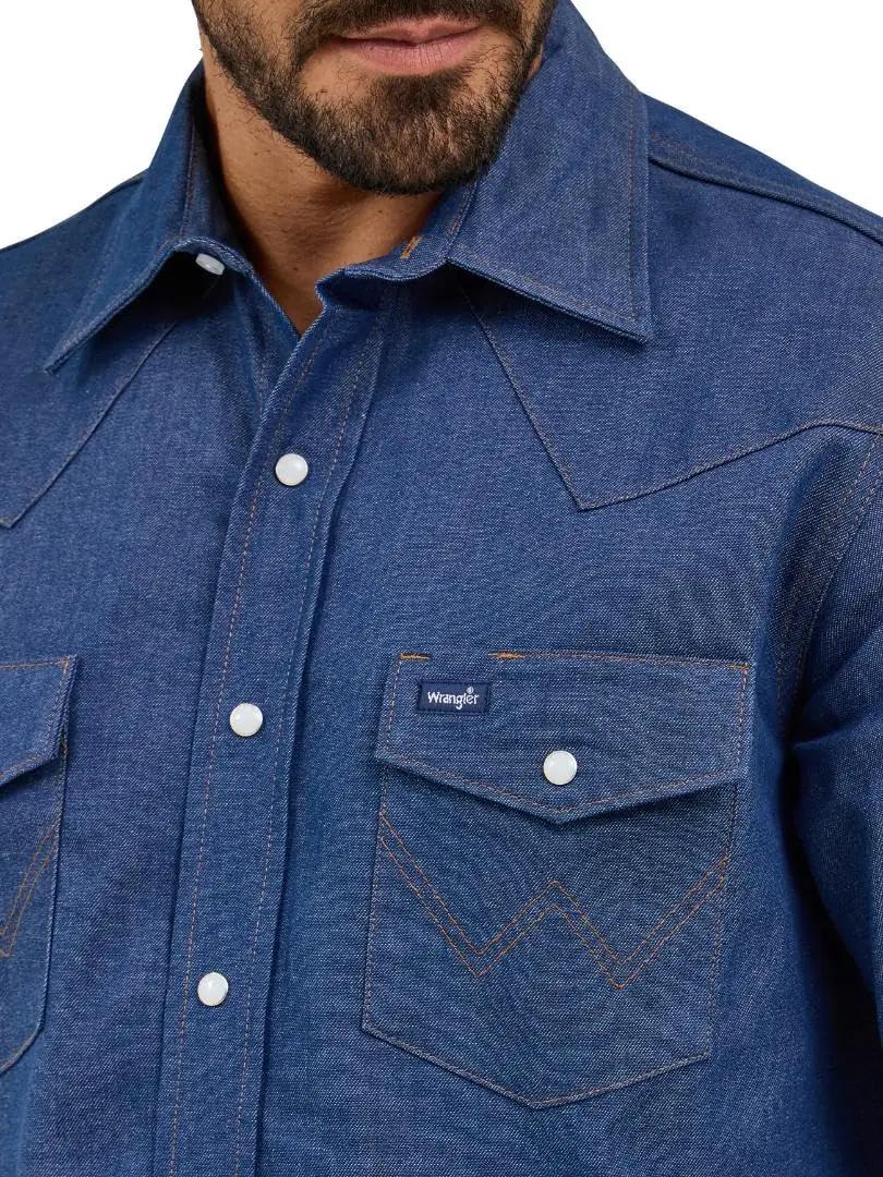 Wrangler indigo denim tööhemd – robustne cowboy‑stiil – pakend ja tarvikud