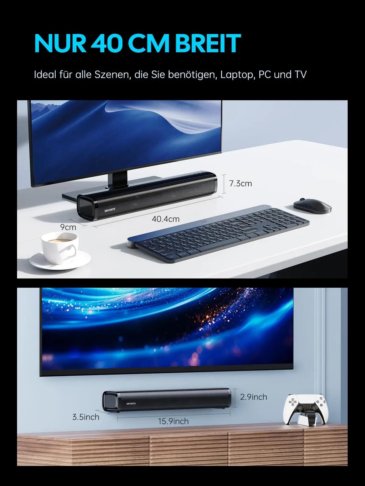MEVOSTO 2.1 mini soundbar integreeritud subwooferiga – kasutusnäide