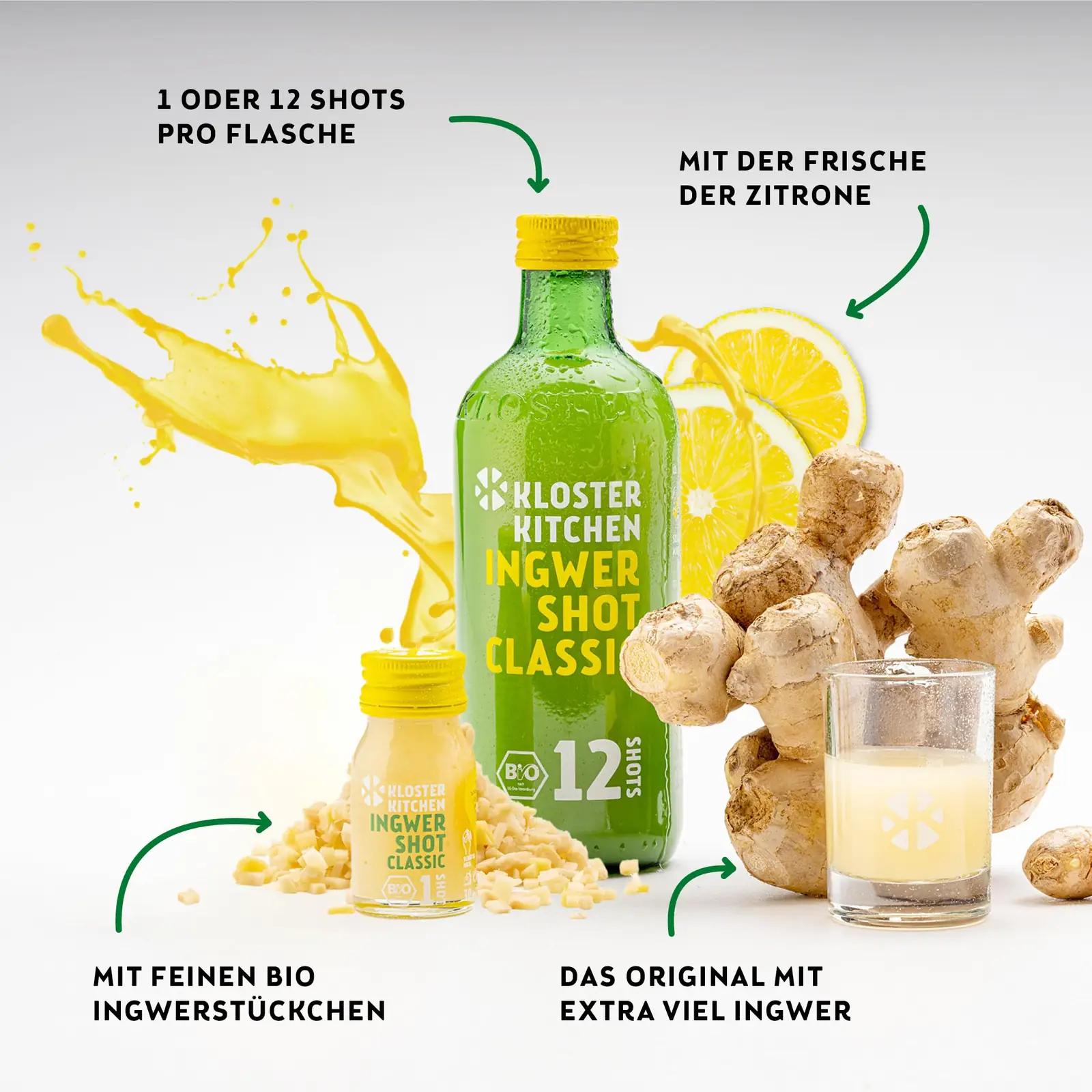 Kloster Kitchen ingwer-shotid 28×30 ml — mahe ja energiatandev – pakend ja tarvikud