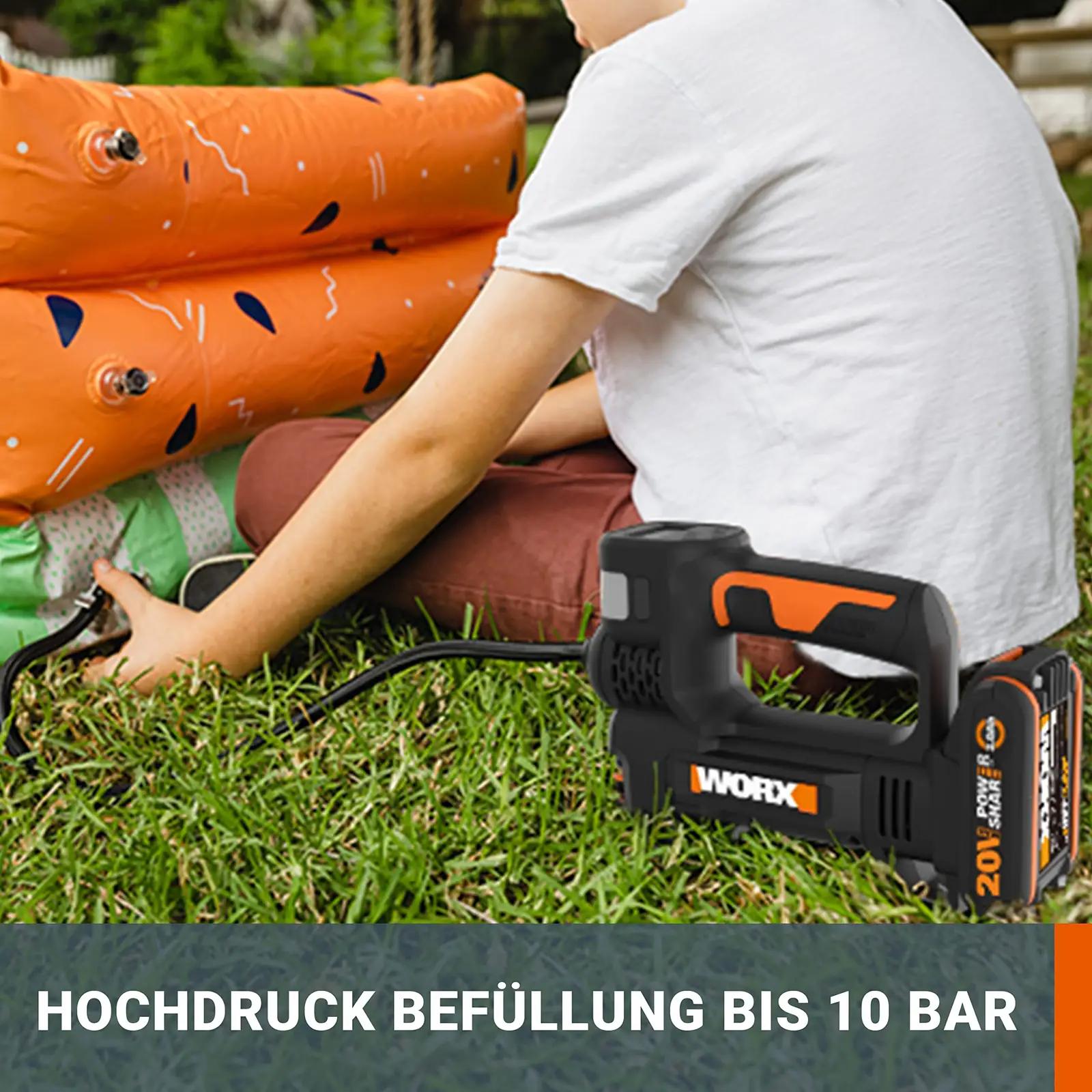 WORX akukompressor WX092.9 — mitmekülgne 4-in-1 lahendus rehvide – pakend ja tarvikud