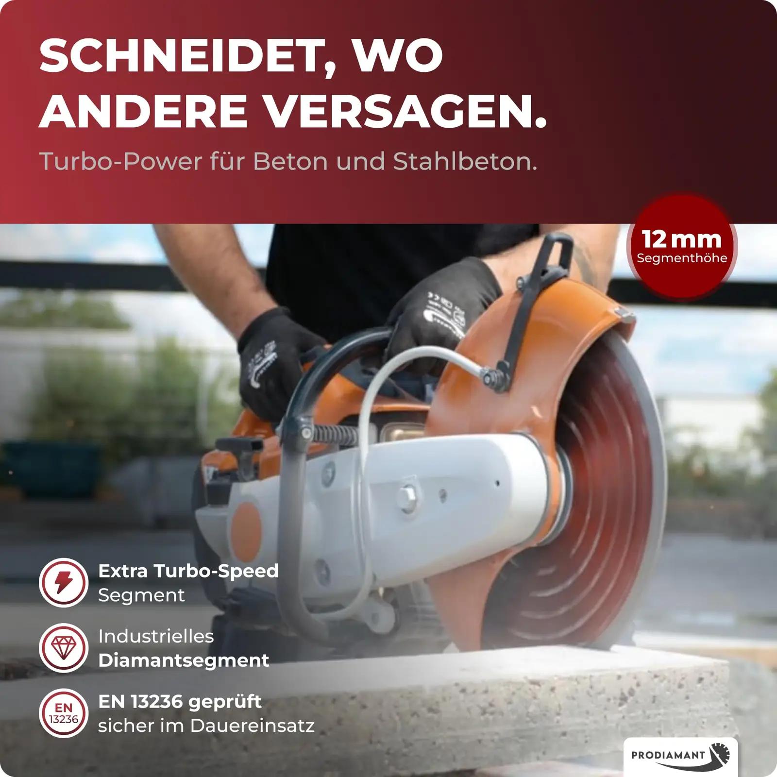 PRODIAMANT tugev turbo teemantketas betoonile 350 mm – pakend ja tarvikud