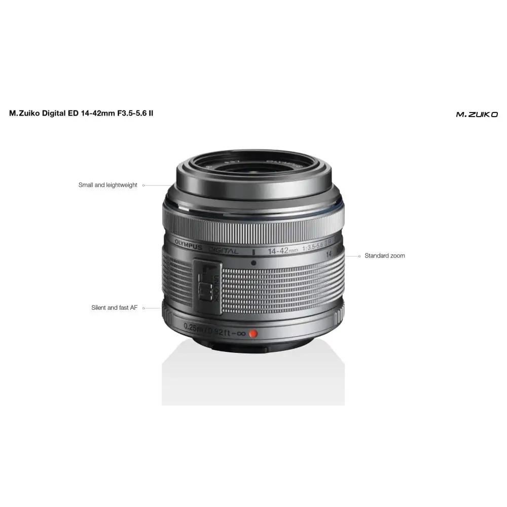 OM SYSTEM 14–42mm standardzoom — kerge ja kompaktne objektiiv – pakend ja tarvikud