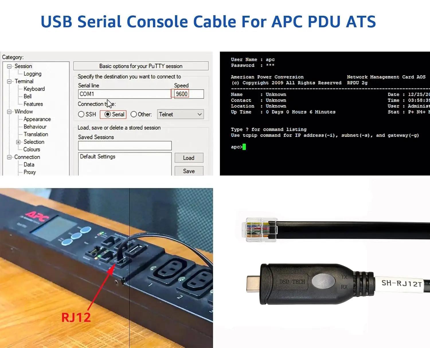 DSD TECH vastupidav USB-C–RJ12 seeriakaabel PDU seadmetele – detailne vaade