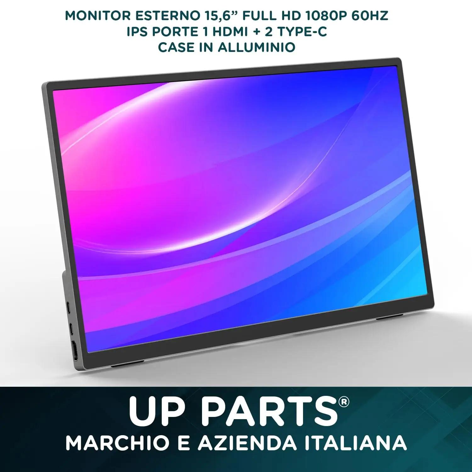UP PARTS õhuke alumiiniummonitor 15,6″ Full HD – pakend ja tarvikud