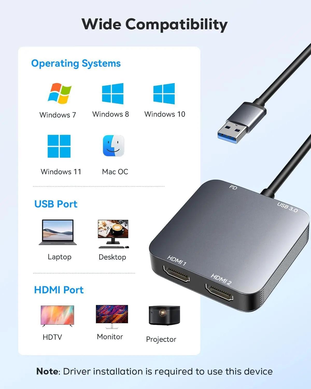 ABLEWE alumiiniumist USB 3.0 videoadapter kahe HDMI väljundiga – pilt 6