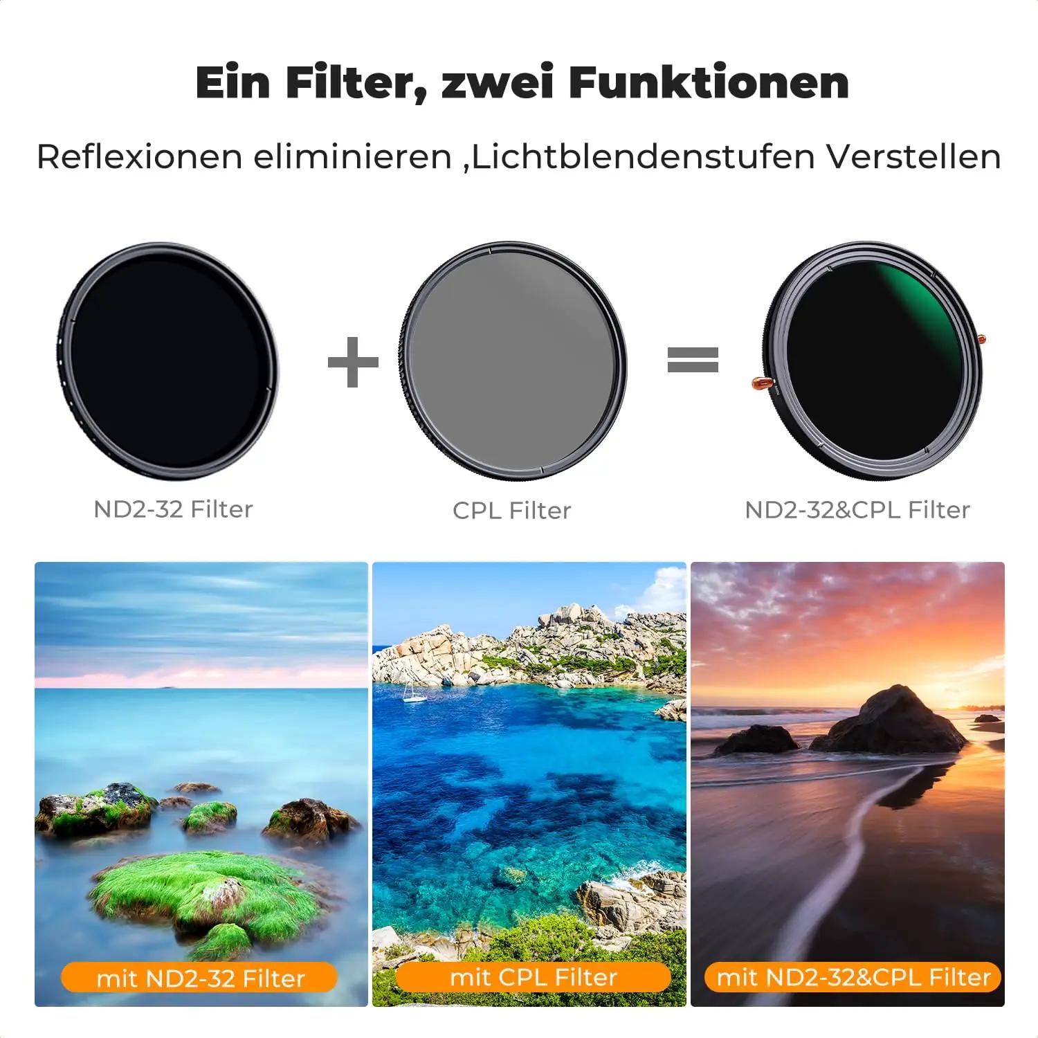 K&F CONCEPT 67mm klaasist polarisatsioon- ja ND-filter – pakend ja tarvikud