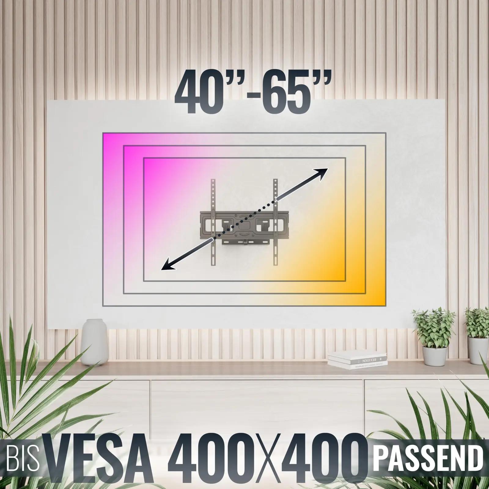 RICOO tugev terasest TV-kinnitus 40–65″ — liigendiga ja painduv – kasutusnäide