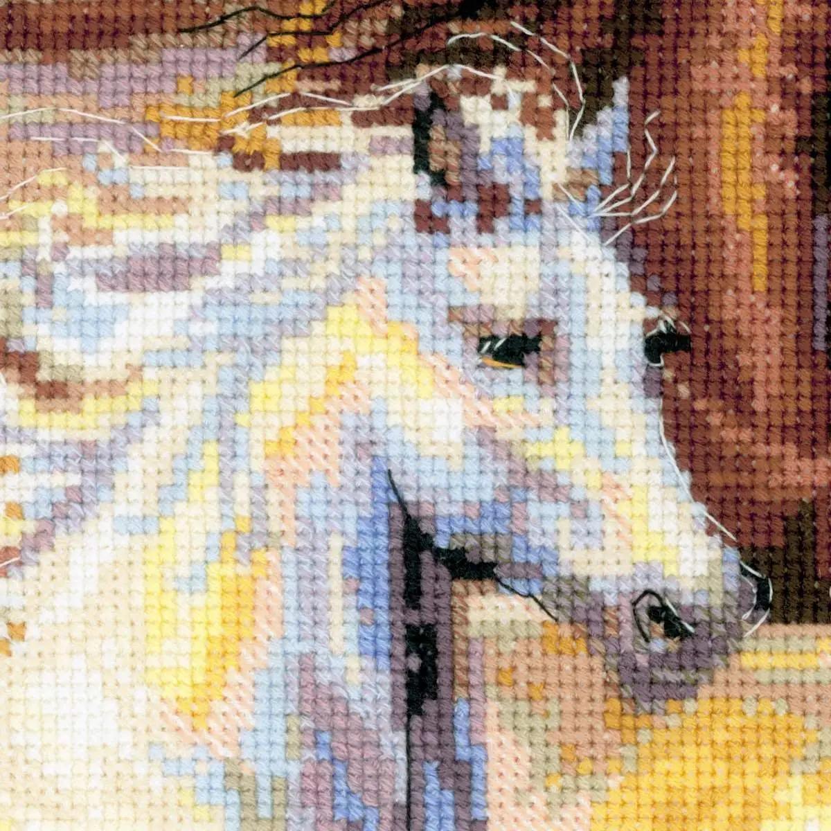 Riolis pehme puuvillane ristpistesett — päikeseloojang 60×40 – detailne vaade