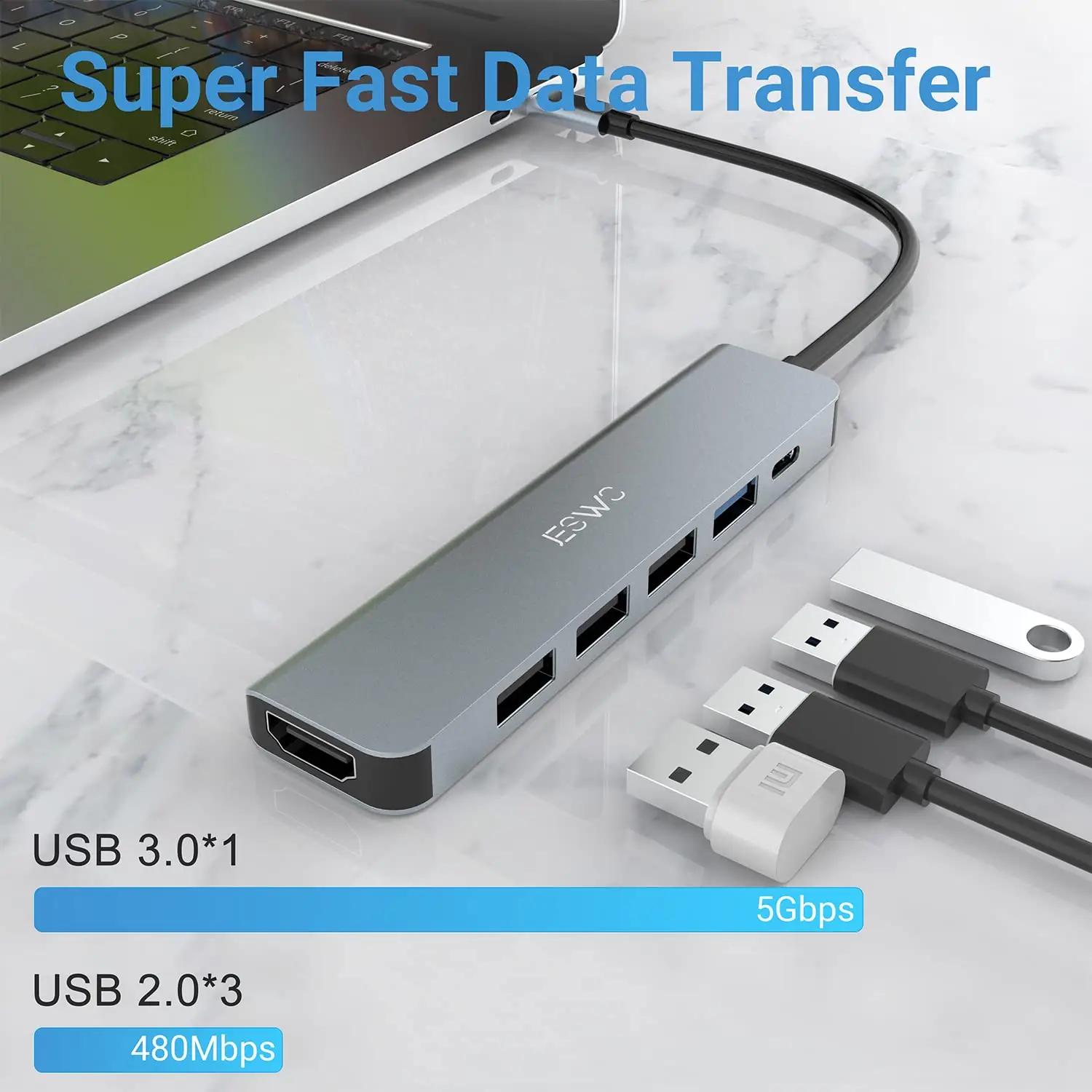 JESWO alumiiniumist USB-C hub — kompaktne 6-ühes adapter – pakend ja tarvikud