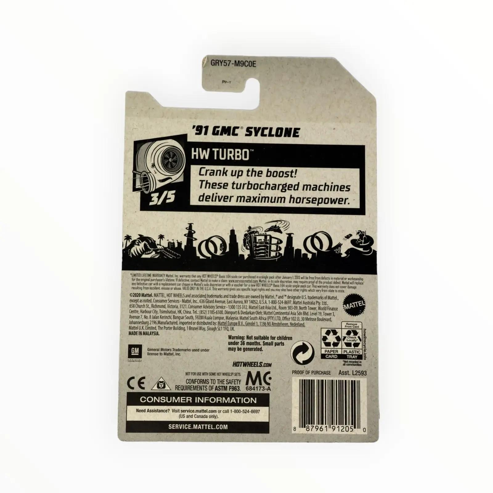 Hot Wheels metallist mudelauto — ’91 GMC Syclone sinine – pakend ja tarvikud