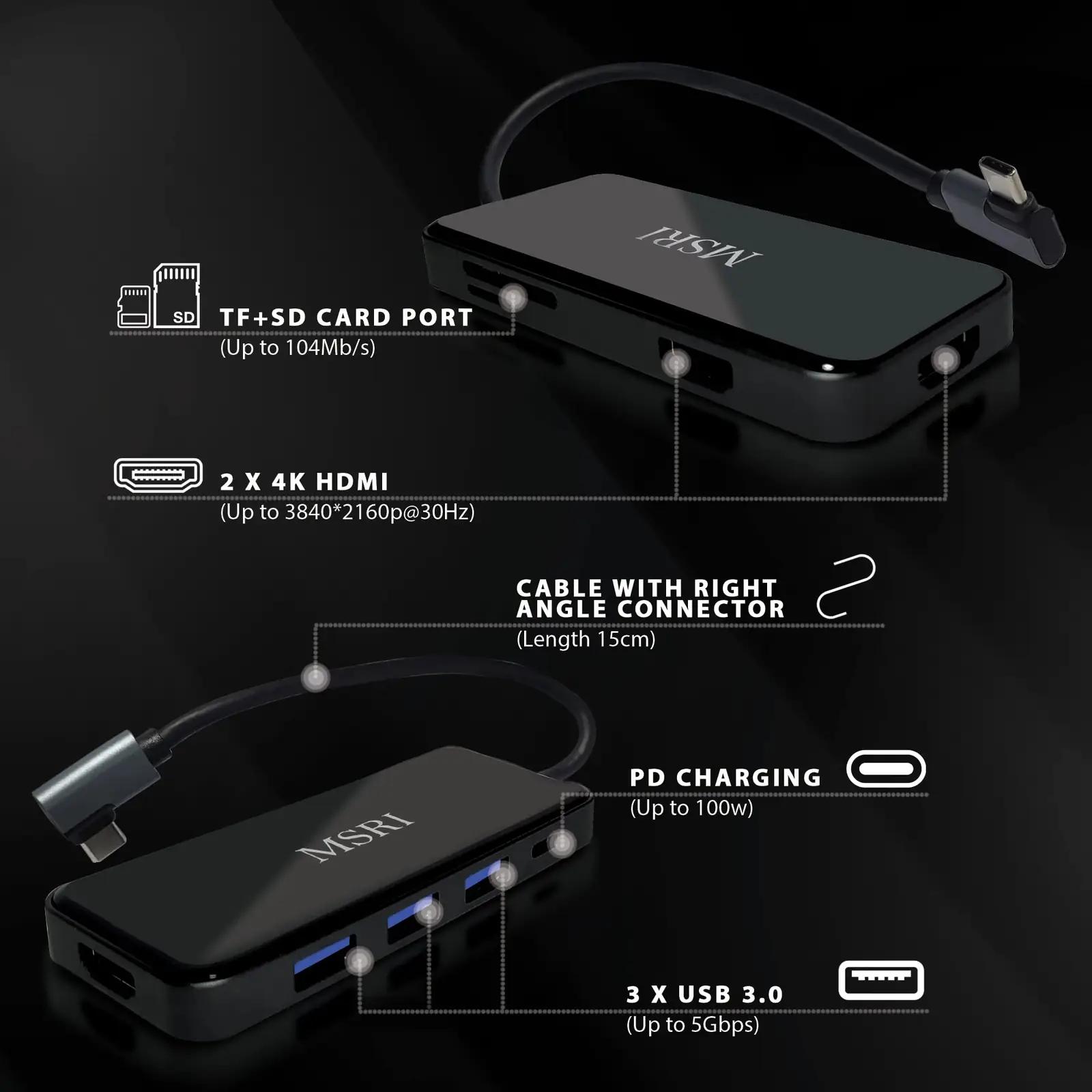 MSRI mitmeotstarbeline USB-C hub — alumiinium, 8-ühes 4K – detailne vaade