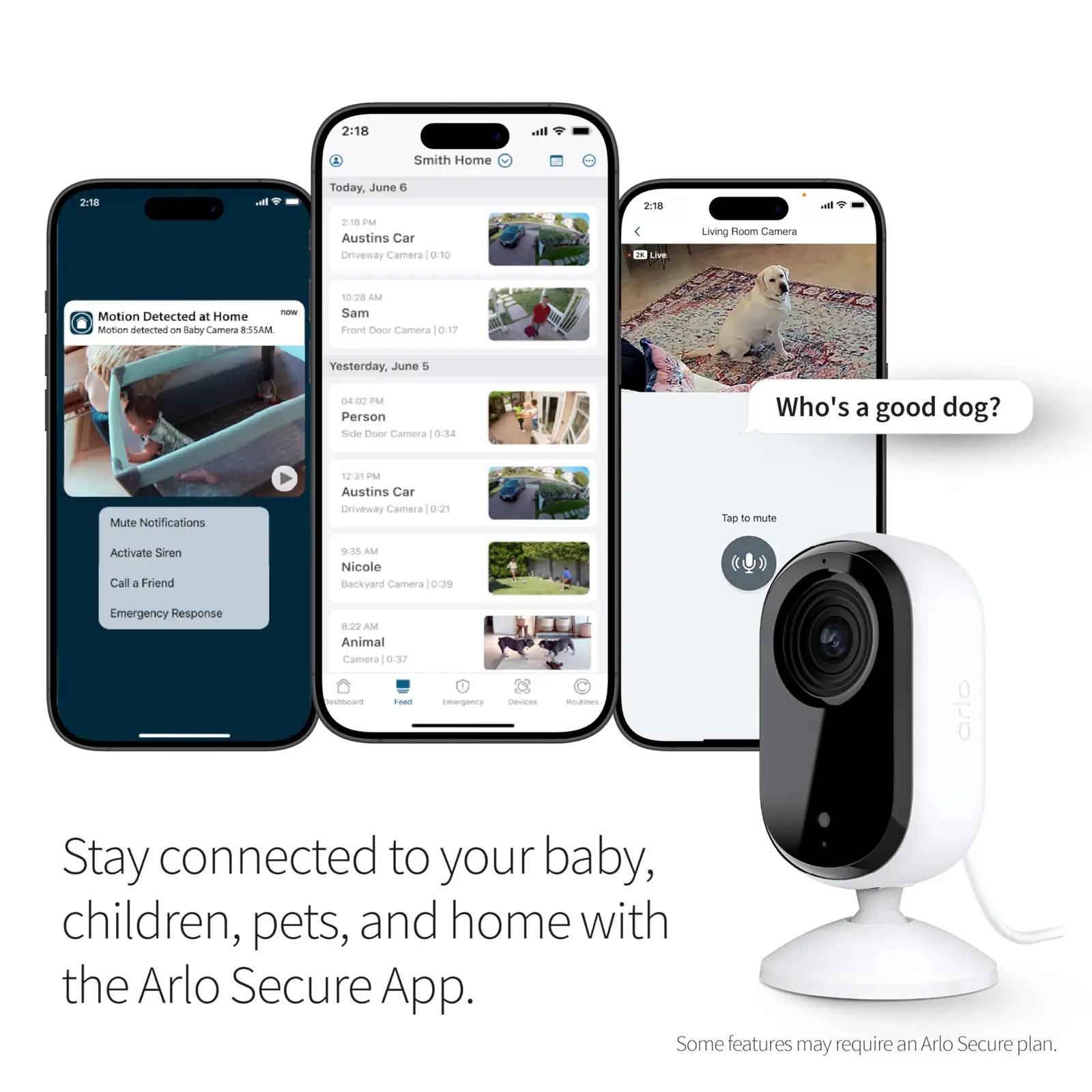 Arlo sise-kaamera 2K — turvaline kodujärelevalve ja beebimonitor – pakend ja tarvikud