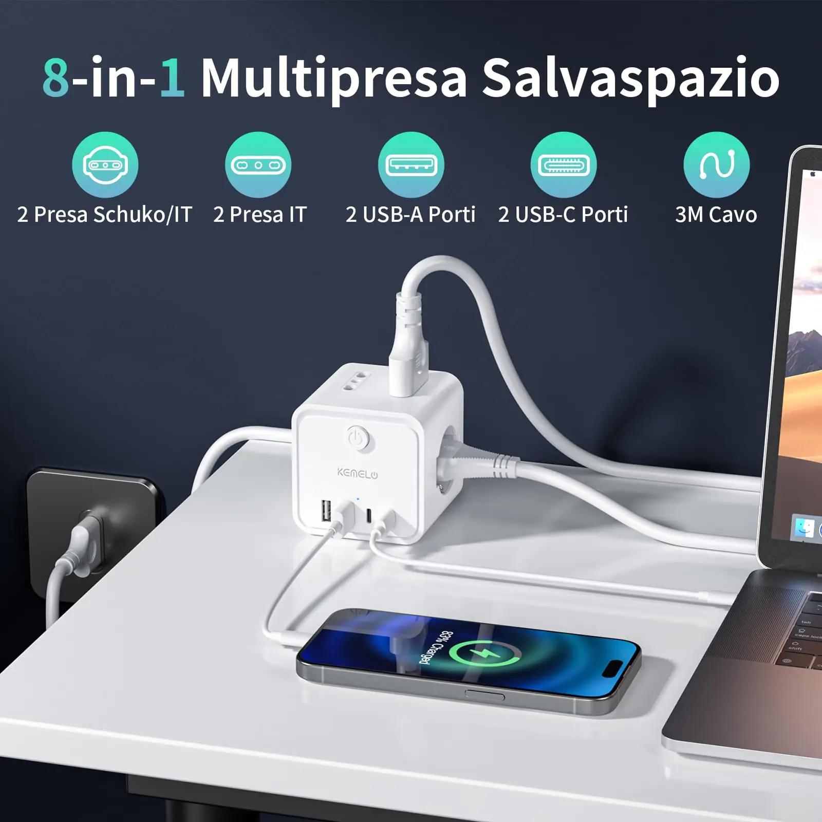 KEMELO kompaktne mitmikupistik 4-sokliga ja USB-ühendustega – detailne vaade