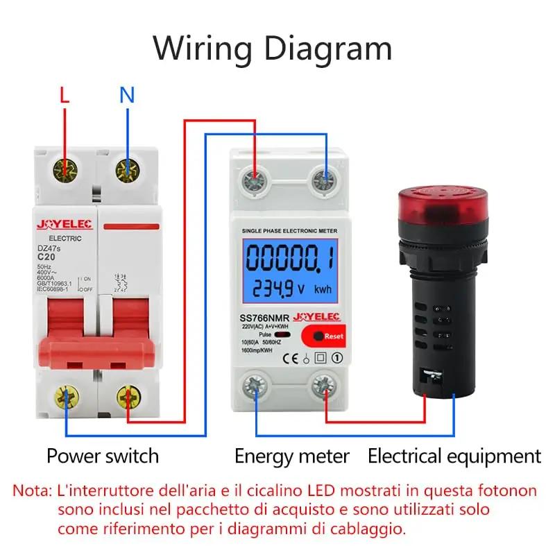 JOYELEC energiamõõtur DIN-kinnitus 230V 10(60)A – pakend ja tarvikud