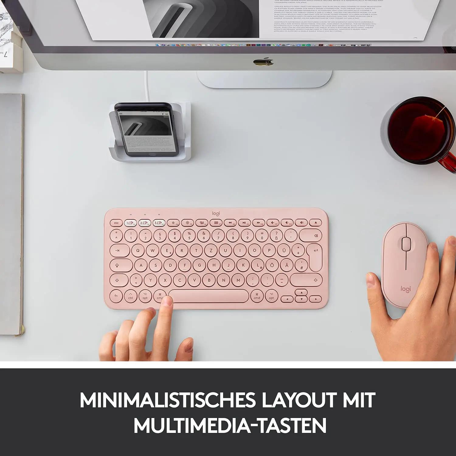 Logitech roosa mitme-seadme klaviatuur – mugav igapäevaks – pakend ja tarvikud