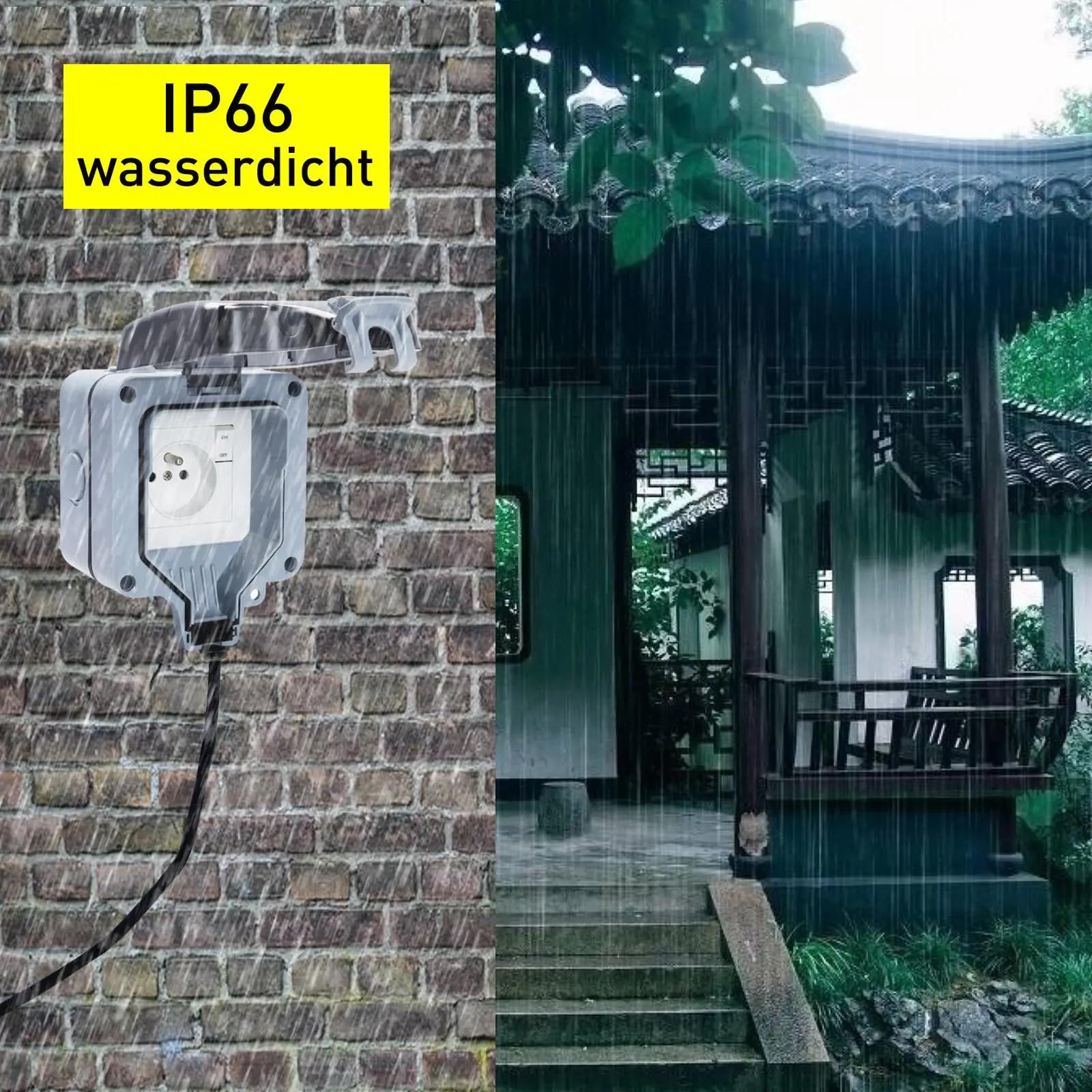 JOYELEC veekindel aiasisend IP66 kahepesaline pistikukarp – pakend ja tarvikud