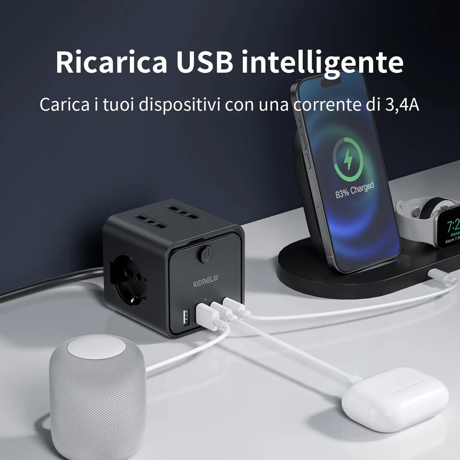 KEMELO ruumisäästlik mitmikkontakt 4 pistikuga ja USB-ga – pakend ja tarvikud