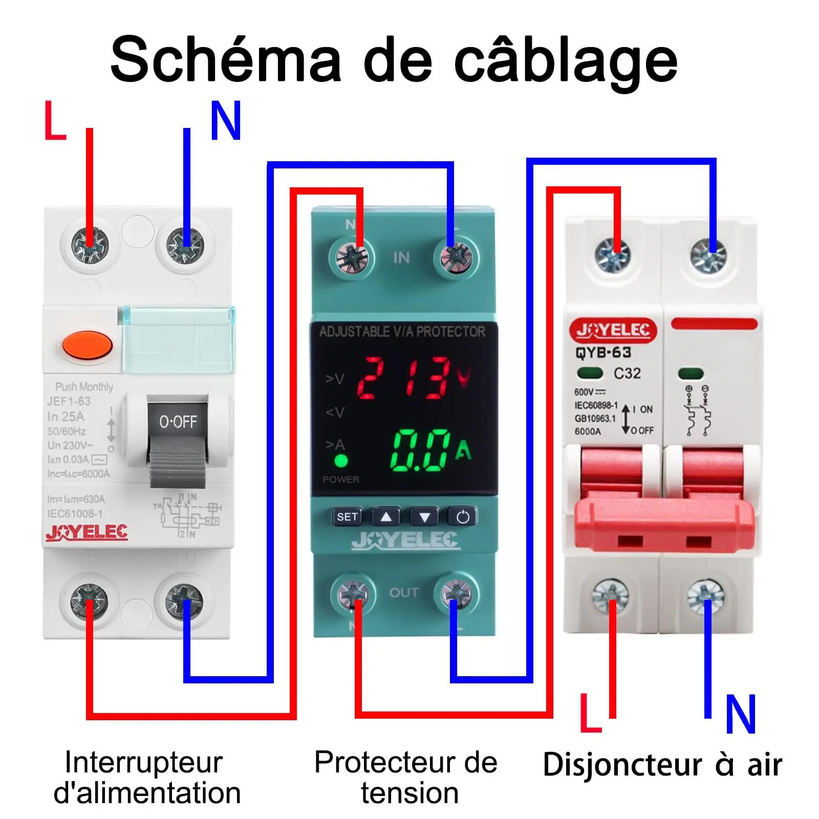 JOYELEC kaitserelss elektriseadmetele – stabiilne pinge 63A – pakend ja tarvikud