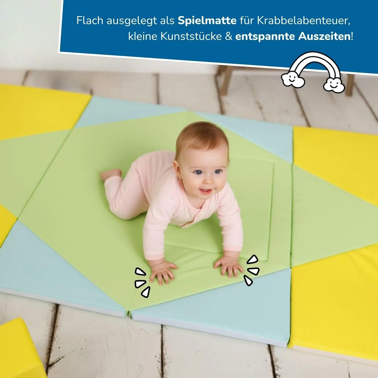 alldoro pehme mängumatt 3‑in‑1: krabbelpadja ja tipi‑lahendus – pakend ja tarvikud