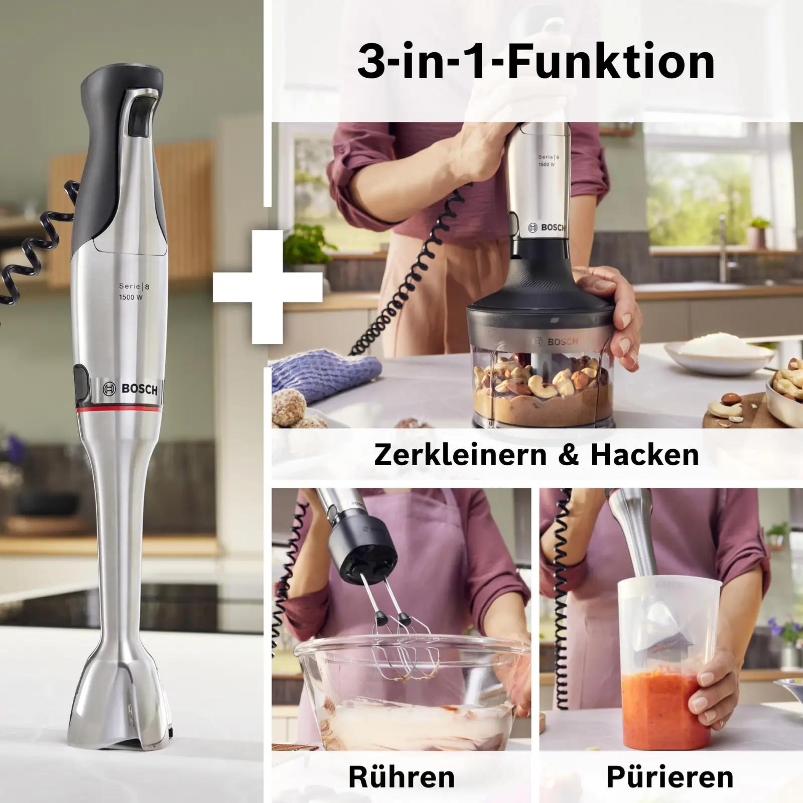 Bosch roostevaba segaja 1500 W — kiire ja vastupidav – pakend ja tarvikud