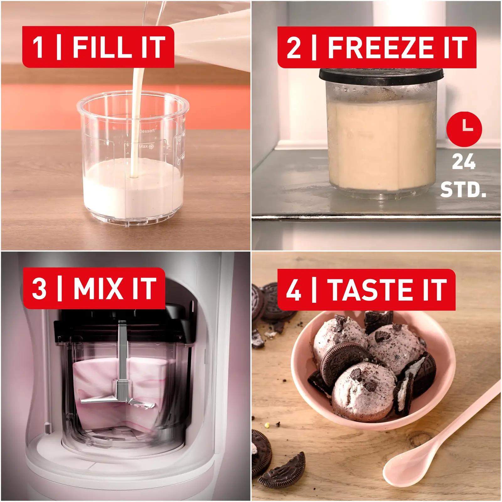 Tefal kodune jäätisemasin 1,4 l – kolmekordne Tritan-kauss – pakend ja tarvikud