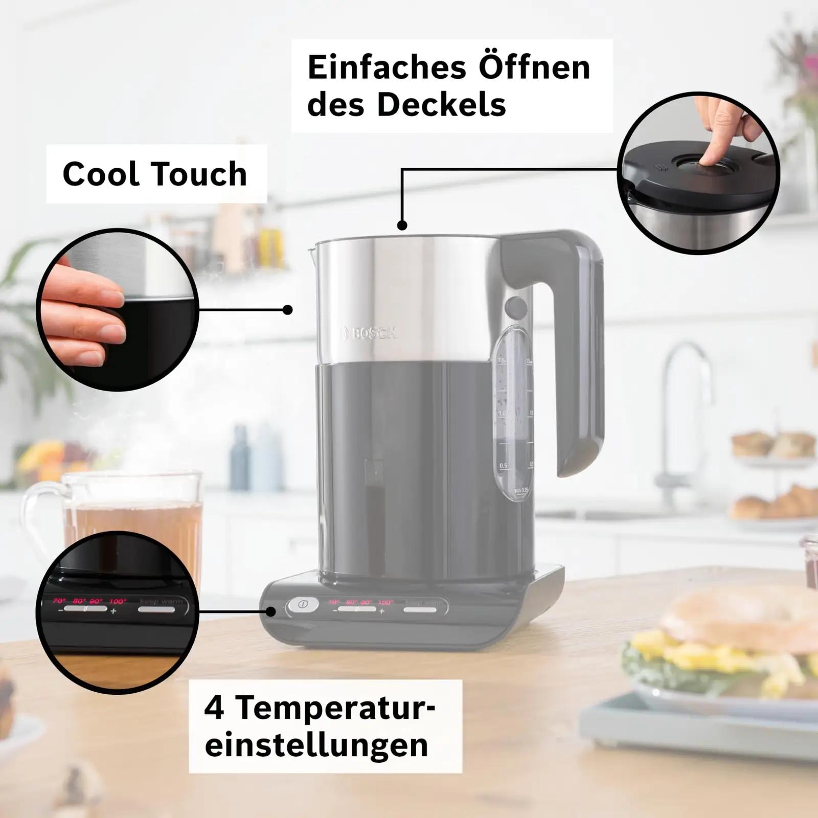 Bosch juhtmeta veekeetja TWK8613P, 1,5 L – pakend ja tarvikud