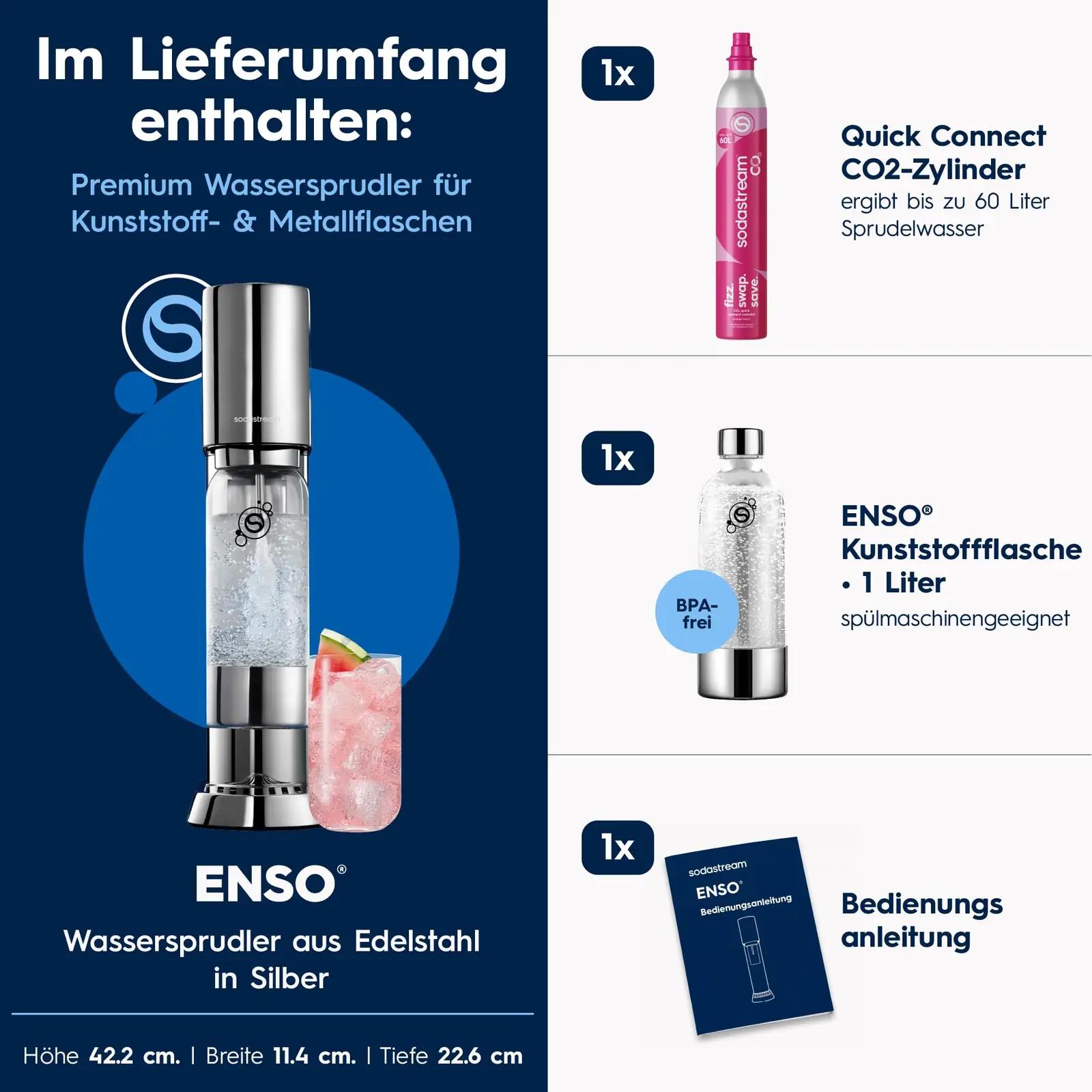 sodastream ENSO vesisooda valmistaja, roostevaba – pakend ja tarvikud