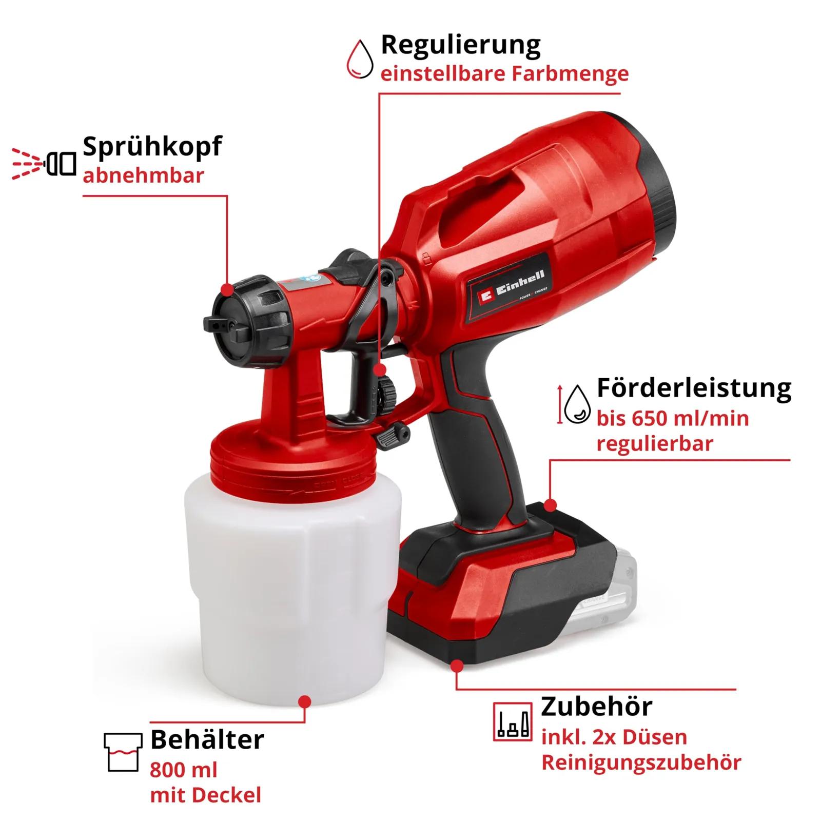 Einhell TC-SY 18/60 Li-Solo akuga värvipüstol, 800 ml (ilma akuta) – pakend ja tarvikud