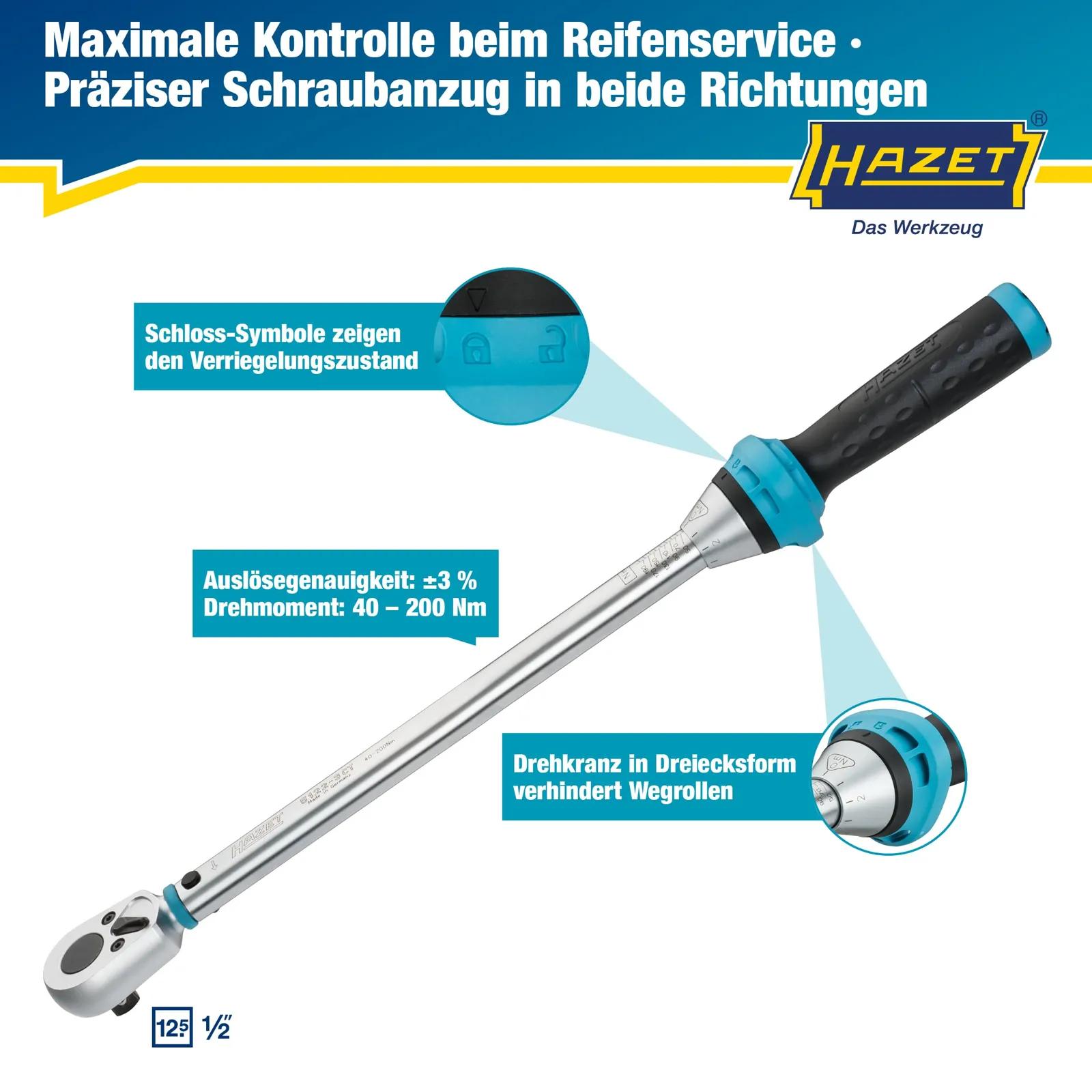 Hazet 5122-3CT momendivõti 40–200 Nm, 1/2″, põrkmehhanismiga – pakend ja tarvikud