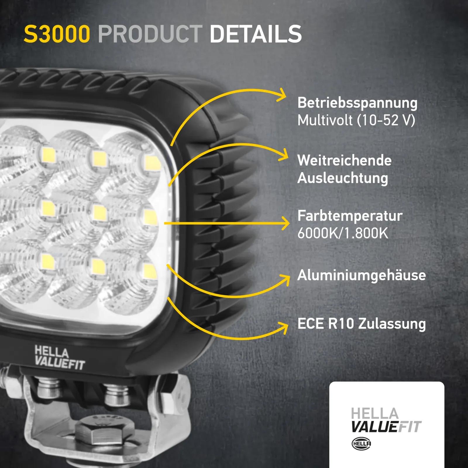 HELLA Valuefit S3000 LED töötuli 31 W, 6000 K, IP6K9K alumiiniumkorpus – lisavaade