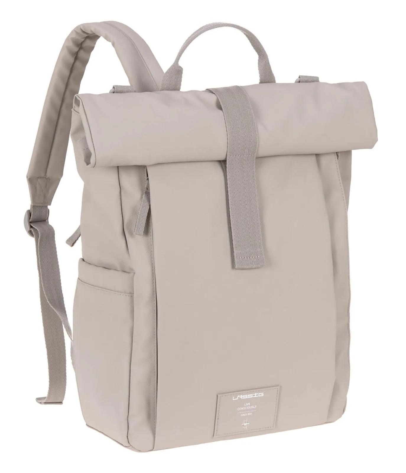 LÄSSIG Rolltop Up mähkmeseljakott taupe eestvaates