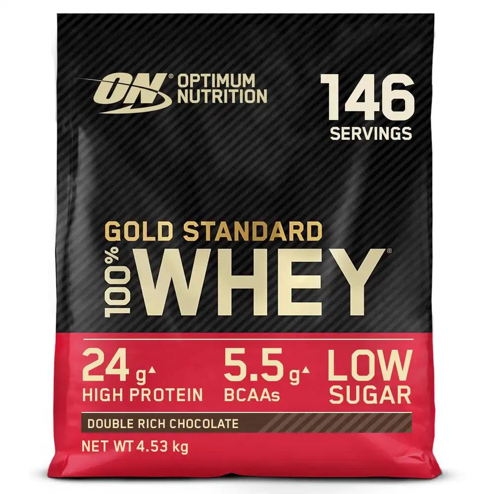 Optimum Nutrition Gold Standard 100% Vadakuvalgu Pulber Lihaskasvuks ja Taastumiseks – Sisaldab Looduslikke Glutamiini ja BCAA Aminohappeid, Double Rich Chocolate, 146 Portsjonit, 4,53 kg