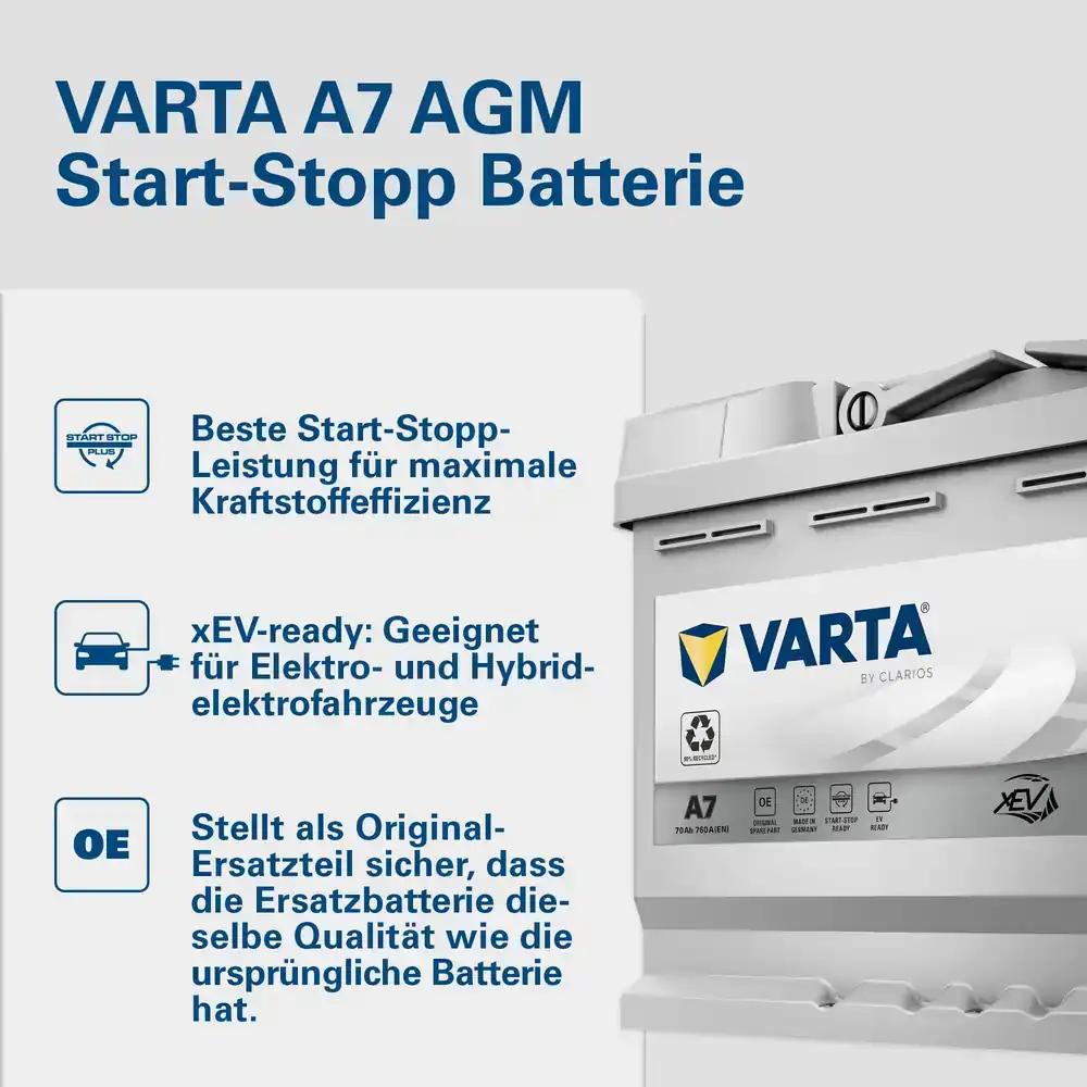 VARTA Silver Dynamic AGM Aku A7 (E39) – Start-Stop ja xEV Autobatteri 12V 70Ah 760A – Tugev jõudlus kõrge energiatarbega autodele