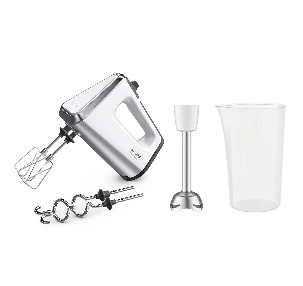 Krups 3 Mix 9000 käsimikser, 750 W, kiiruseregulaator, turborežiim, ergonoomiline käepide, visplid, taignakonksud, saumikseri otsik, mõõtetops, valge/hõbedane, GN9121