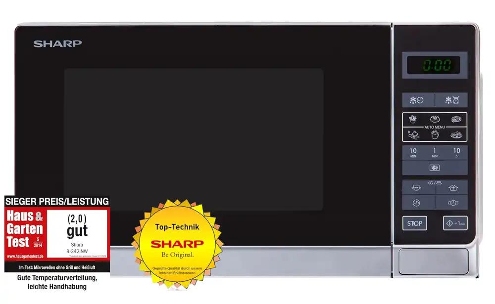 Sharp R242INW soolomikrolaineahi / 20 L / 800 W / 5 võimsusastet / 8 automaatprogrammi / kaalu- ja ajapõhine sulatus / laste turvalukk / energiasäästurežiim / klaasist pöördtaldrik (25,5 cm) / hõbedane