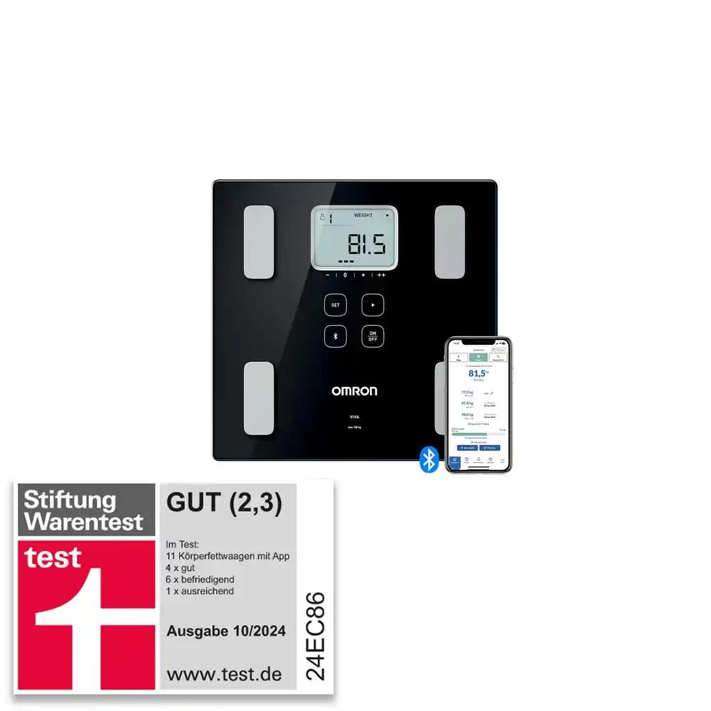 OMRON VIVA – nutikas kehaanalüüsi kaal, Stiftung Warentest „Hea“ 10/24, Bluetooth & rakendusega; mõõdab keharasva, kaalu, vistseraalrasva, skeletilihasmassi, baasainevahetust & BMI; kuni 4 kasutajale