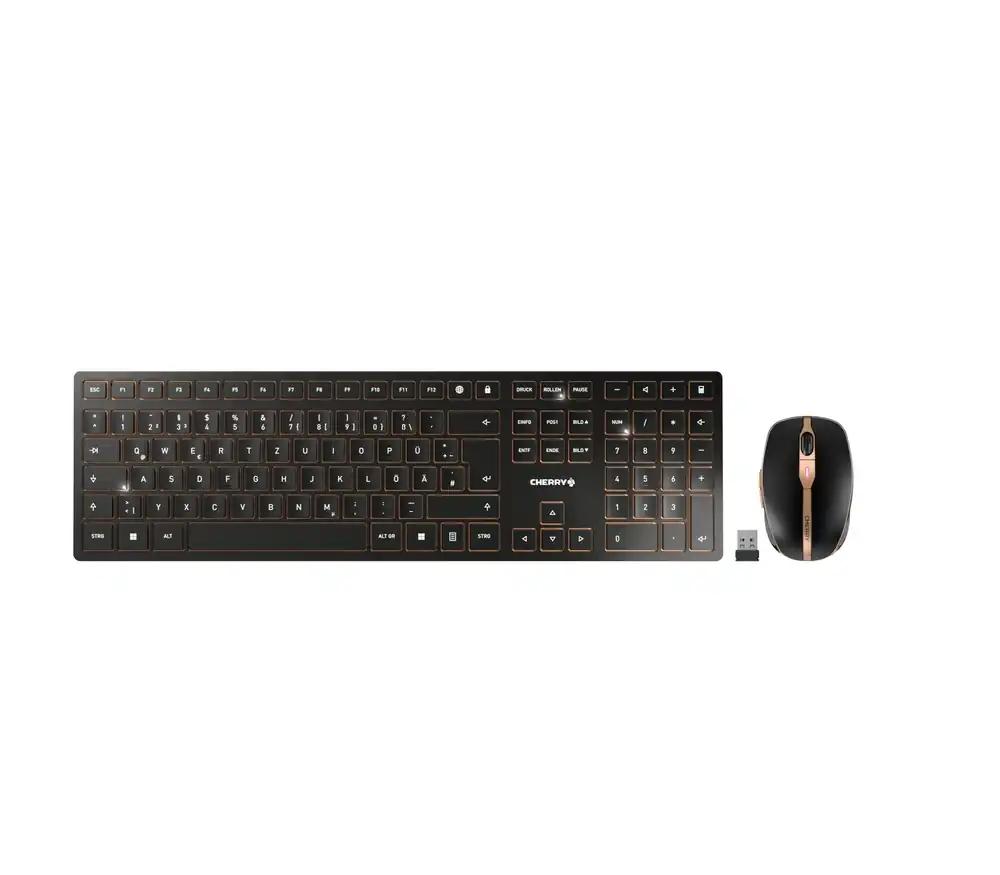 CHERRY DW 9100 SLIM, juhtmevaba klaviatuuri ja hiire komplekt, Saksa paigutus (QWERTZ), Bluetooth & 2,4 GHz, vaiksed klahvid, laetav, must-pronks