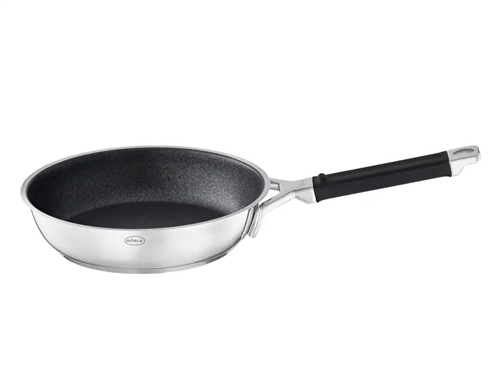 RÖSLE SILENCE PRO praepann, kriimustuskindla ProResist mittenakkuva kattega pann, silikoonkäepide, 28 cm, roostevaba teras 18/10, induktsioonikõlblik, nõudepesumasinas pestav, hõbedane/must