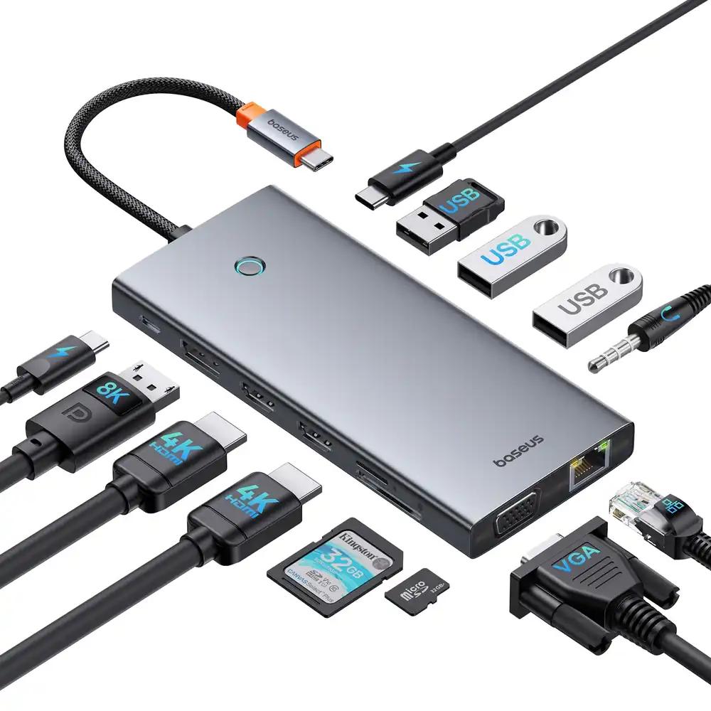 Baseus USB C Dockingjaam 3 Monitori jaoks, 13-in-1 USB C Hub 2x HDMI 4K@60Hz, DisplayPort 4K@120Hz, VGA, USB 3.1 10 Gbps, PD 100W ja Gigabit Ethernet Dell/HP/Lenovo/Surface sülearvutile