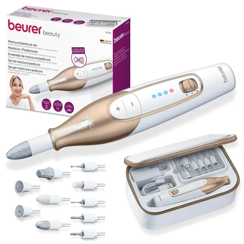 Beurer MP 64 Maniküüri- ja pediküürikomplekt, elektriline küünehoolduskomplekt akuga, 10 otsikut kaunite käte ja jalgade hoolduseks, LED-valgusega, universaalne suurus, valge ja kuldne
