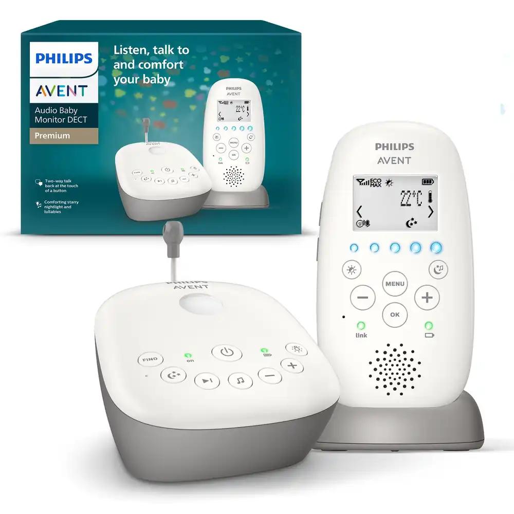 Philips Avent DECT beebimonitor, öko-režiim, täheprojektor, kahepoolne suhtlus, unelaulud, 18-tunnine aku kestvus, maksimaalne ulatus, valge (mudel SCD733/26)
