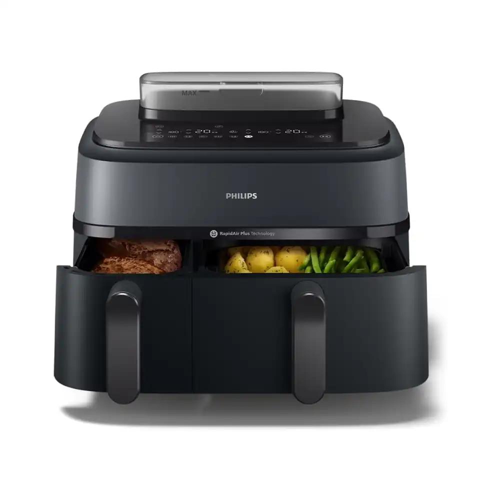 Philips Steam Airfryer 5000 seeria kahekorviga – Õhufritüür ja aurutaja ühes seadmes, 9L, RapidAir Plus tehnoloogia, 19 küpsetusfunktsiooni, 90% vähem rasva, 2 korvi, aurupuhastus (NA550/00)