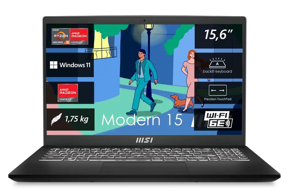 MSI Modern 15 Elustiili ja Ärilaptop, 15,6-tolline Full HD ekraan, AMD Ryzen 5 7530U protsessor, 16 GB DDR4 RAM, 512GB SSD, AMD Radeon graafika, Windows 11 Home, Must, B7M-284