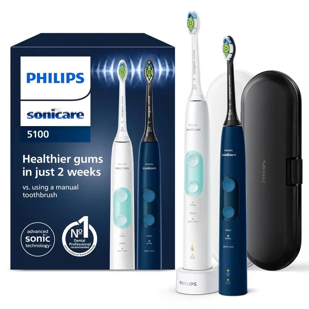 Philips Sonicare ProtectiveClean 5100 elektriline hambahari, 3 režiimi, rõhusensor, taimer ja reisikohver, valge ja sinine, 2-pakk, mudel HX6851/34