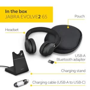 Jabra Evolve2 65 juhtmevaba PC-peakomplekt laadimisalusega – mürasummutavad UC-sertifitseeritud stereo kõrvaklapid pika aku kestvusega – USB-A Bluetooth adapter – must