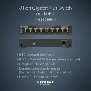 NETGEAR GS308EP PoE Switch – 8-Port Gigabit Ethernet LAN Switch PoE+ 62W Plus (Hallatav võrgulüliti PoE