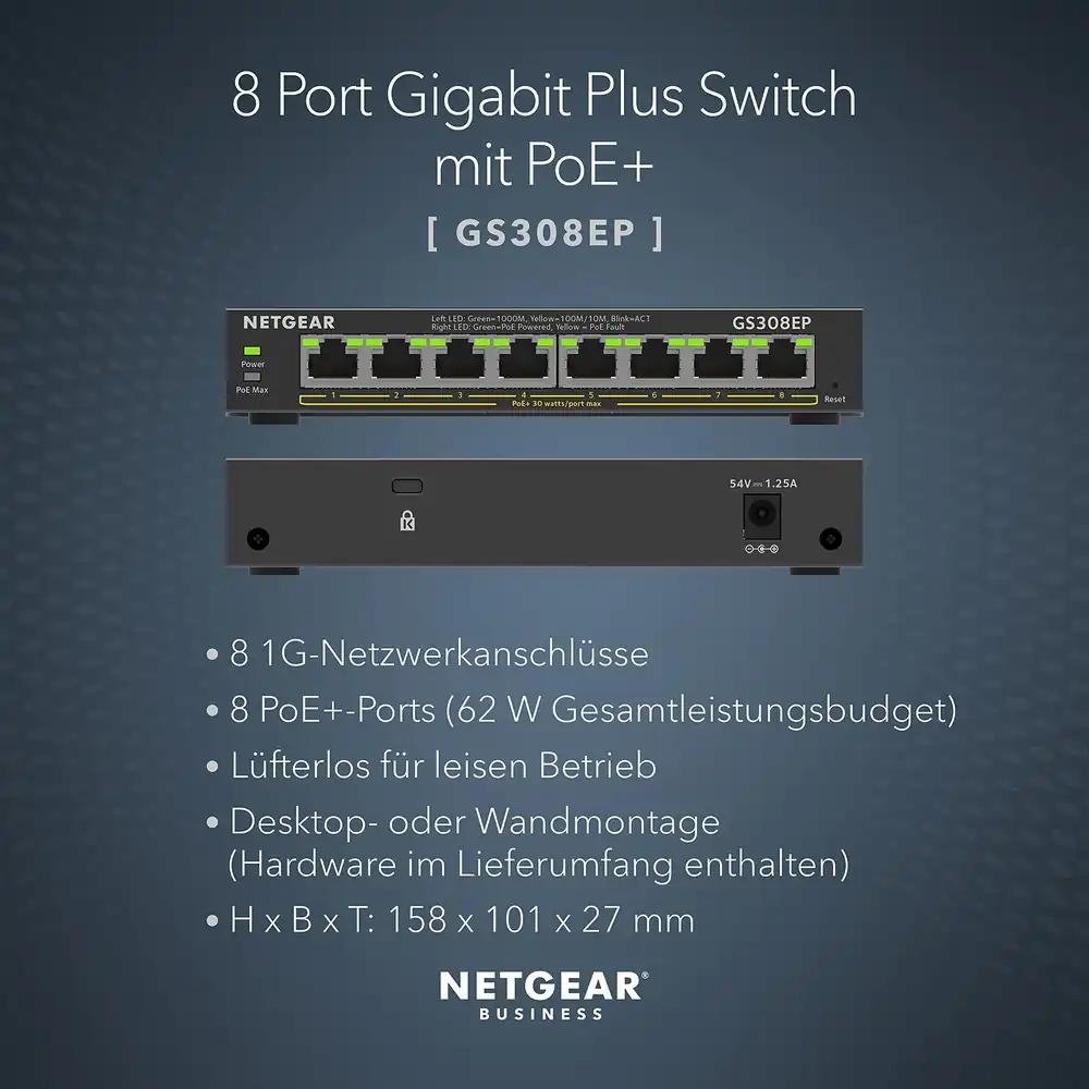 NETGEAR GS308EP 8-portiline Gigabit PoE+ võrgulüliti, 62 W, must, pilt 2