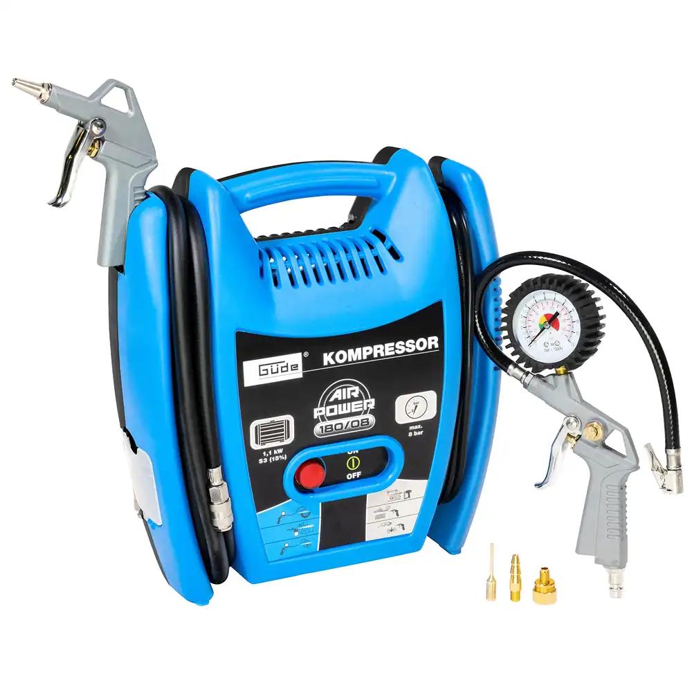Güde Kompressor Airpower 180/08 (õlivaba ja hooldusvaba, rihmülekanne, 8 bar, 1100 W, tõhus õhutootlikkus 140 l/min, 2,5 m suruõhuvoolik kiirühendusega, koos tarvikutega)