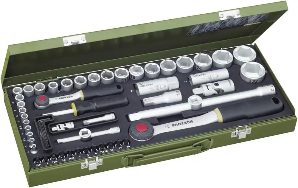 Proxxon 23040 padrunvõtmete komplekt, täielik teraskarp 6,3 mm (1/4″) ja 12,5 mm (1/2″) ümberlülitatava rätsliga, padrunid 4-32 mm, 56-osaline tööriistakomplekt