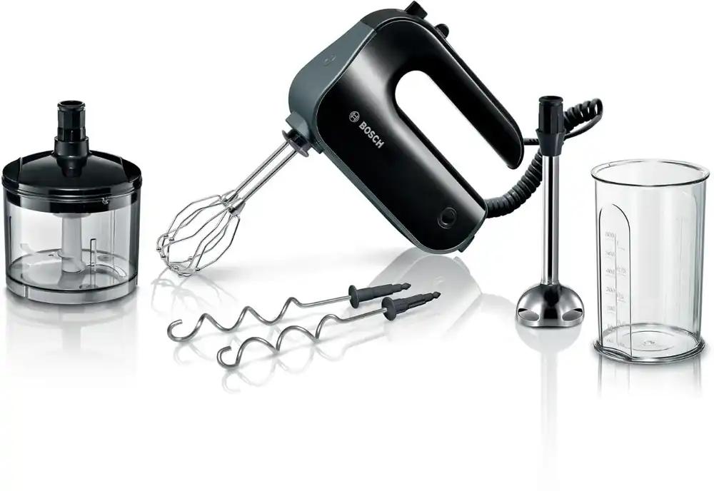 Bosch käsimikser Home Professional Styline MFQ4980B, 5 kiirust, 2 roostevabast terasest visplit ja taignakonksu, roostevabast terasest segamiskinne, universaalne hakkija, 850 W, must/tume hõbe